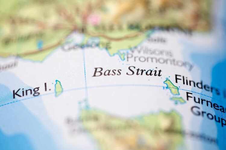 An image of a geographical map location of Bass Strait