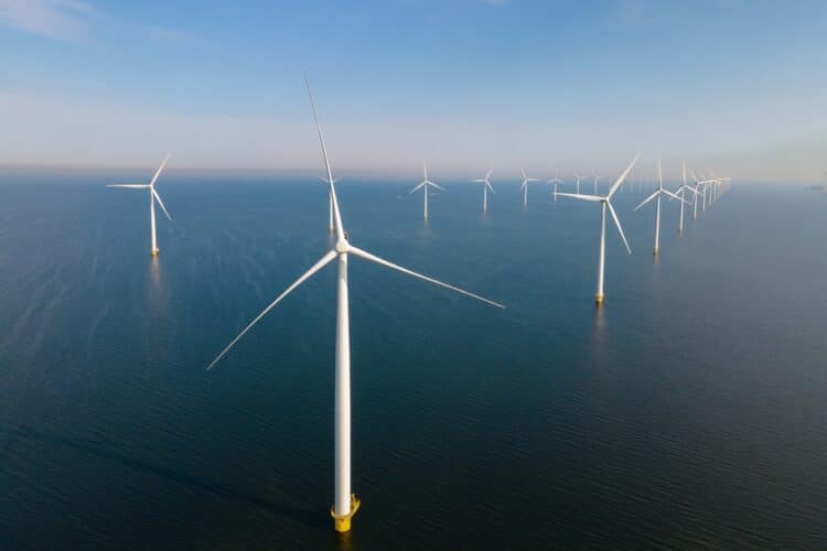 An image of an offshore wind farm in the ocean