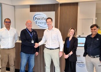 Pacific Energy's Ashvin Seetulsingh, Sean Blythe, Sylvia Filipowicz and Deepak Mistry, with Eric May (FEnEx CRC) in the middle. Image: Pacific Energy
